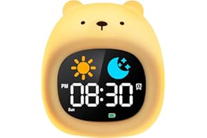 HOTUT Reveil Enfant, Reveil Enfant Educatif, Réveil d’Apprentissage Au Sommeil, avec Affichage de La Lune et du Soleil, avec Veilleuse RGB Couleurs, pour 2-10 Ans Fille Garçon-Ours