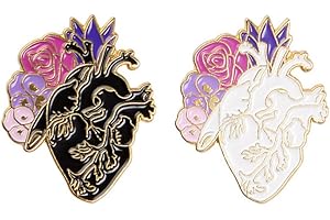 ABONITON 2Pcs Black White Heart Vessels Enamel Brooches Purple Pink Rose flower Heart Anatomy experiment Lapel Pin Medicine Jewelry Badge Gift For Doctors And Nurses