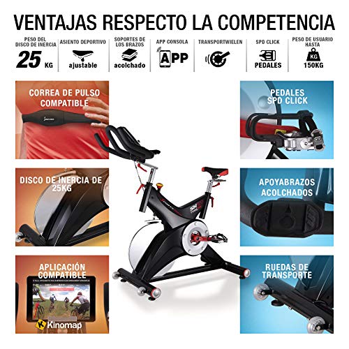 Sportstech SX500 Bicicleta Indoor con Control de Aplicaciones por Smartphone, Soporte alcochado para Brazos, pulsometro Compatible, Pedales universales con Sistema de Click SPD - con Kinomap & eBook