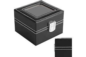 GOODGDN Scatola Porta Orologi, Custodia per Orologi con Coperchio in Vetro, Cofanetto per Orologi, Serratura Metallica, Similpelle Nera, Fodera Beige Scatola Porta Orologi Ospita 2 orologi
