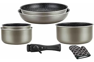 Herzberg HG8053 CAR Batterie De Cuisine, Lot de 3 Casseroles Induction et 2 Poeles Tous Feux de différentes tailles et 1 gant de cuisine, Revêtement Marbre Antiadhésif, Poignées Amovibles, Cuivre