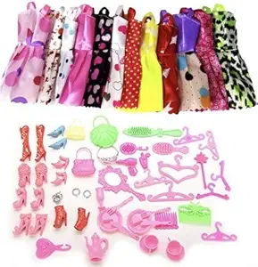 iDream 10-piece Polyester Doll Dress & 50-piece Plastic Doll Accessories for Standard Size Doll, Multicolor