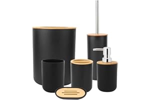 DIOCHE Juego de accesorios de baño, 6 piezas, kit organizador de lavabo de baño, caja de jabón, soporte para cepillo de dientes, taza de enjuague, botella de loción kit de accesorios (negro)
