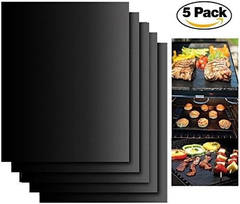 BBQ Grill Mat Set of 5 Non Stick, REUSABLE Cooking Mats - Barbecue Grilled Meats, Eggs and Vegetables - Heat Resistant, Durable, Perfect for Gas, Charcoal, Oven and Electric Grills - FDA Certified