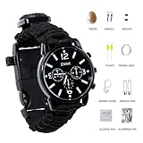 Paracord Survival Uhren/Armband Notfall Kit, Herren & Damen Outdoor Survival Armband mit Kompass pfeifen, Schaber und feuersteinstab Fanggeräte, 16 in 1 Survival Kit, schwarz