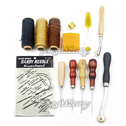 AngelaKerry 13 Stück/Kasten Leder Zubehör Werkzeuge Setzen Carft Grundlegende Set mit 150d 50m/roll Gewachst Faden Handwerk Ahle