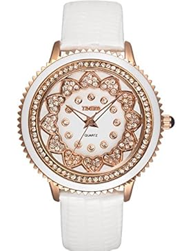 Time100 Damenuhr Leder Band dekoratives Zifferblatt mit Strass Armbanduhr Quarz Analog Uhr Weiß #W50278L.02A