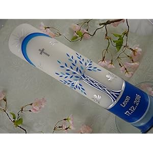 Taufkerze mit Wachs verziert Lebensbaum Baum blau silber Taufkerzen für Jungen 300/70 mm mit Name und Datum