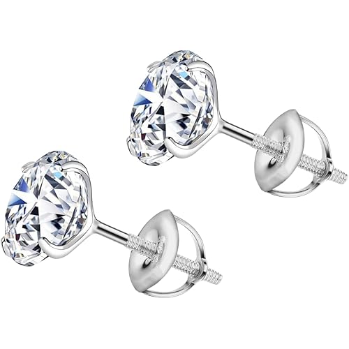 HIGHSPARK 925 Silver Solitaire Screwback Stud Earrings | 92.5 Sterling Silver & Round Brilliant Cubic Zirconia Tops for Men Women