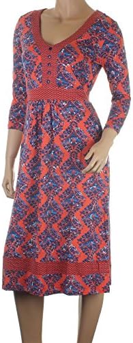 Ex Per Una Coral Tea Dress Blue Diamond Pattern Floral Print Fit &amp; Flare Waist Tie[UK 8]