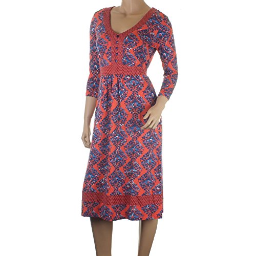 Ex Per Una Coral Tea Dress Blue Diamond Pattern Floral Print Fit &amp; Flare Waist Tie[UK 8]