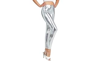 SAMHENG Leggings brillantes para mujer, leggings elásticos de cintura alta, pantalones de discoteca metálicos con aspecto húmedo, pantalones de yoga baile, pantalones pitillo, pantalones ajustados elásticos