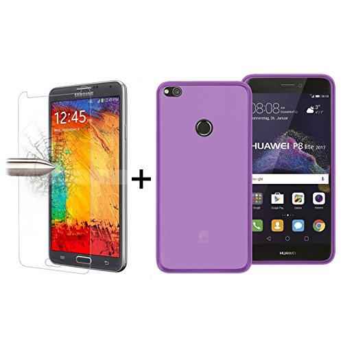 TBOC Pack  Funda de Gel TPU Morada   Protector Pantalla Vidrio Templado para Huawei P8 Lite  2017   5 2 Pulgadas   Funda de Silicona Ultrafina y Flexible  Protector de pantalla Resistente a Golpes  Ca  das y Ara  azos 