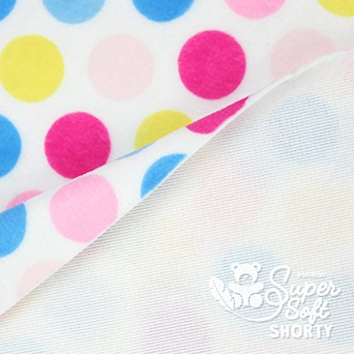 0,5m x1,5m Plüsch Stoff als SB-Produkt, gepunktet & samtweich / Teddyplüsch, EN71-3 & 71-9 zertifiziert, in schickem Design, Stoff weiß mit rosa / pink / blauen / gelben Punkten, Flor 1,5mm - 3