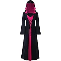 Duohropke Robe Médiévale à Capuche Pour Femme - Manches Longues - Rétro - Costume De Renaissance - Bandage Gothique - Cosplay - Grandes Tailles - Halloween - Carnaval - Longue Robe à Capuche