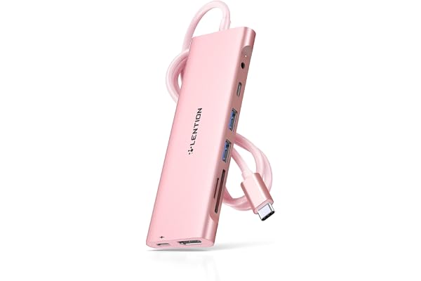 LENTION Hub USB C Câble 1M avec HDMI 4K, 2 USB 3.0, 1 USB C Data Port, Lecteur de Carte, 3,5mm Aux, 100W PD, Dock Compatible MacBook Air/Pro 2025-2016, iPad, iPhone 15/16/17 Plus Pro Max, etc (Rose)