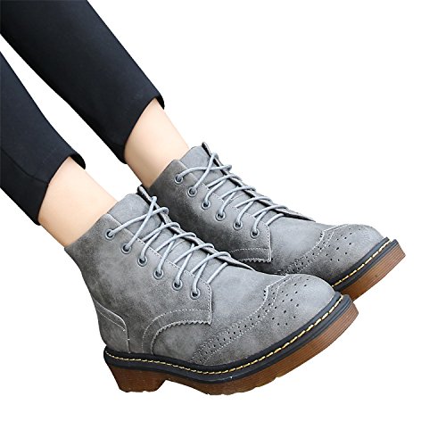 Smilun Damen Kurzschaft Stiefel Brogue Schnürstiefel - 4