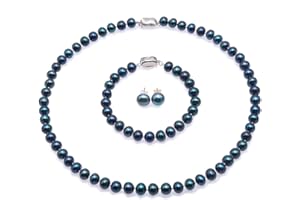 JYX PEARL JYX Conjunto de collar de perlas Conjunto de collar, pulsera y pendientes de perlas cultivadas de agua dulce azul marino de 8-8.5 mm