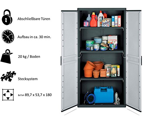 KREHER XXL Kunststoffschrank mit 3 höhenverstellbaren Böden und abschließbaren Türen. Maße BxTxH in cm: 89,7 x 53,7 x 180 cm