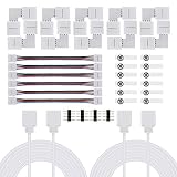 EL PAQUETE INCLUYE: 2x cables de extensión de tira de luz LED de 2M, 10 conectores en forma de L, 4 conectores macho de 4 clavijas, 6x conectores de puente de tira LED, 12x clips de tira de luz LED.