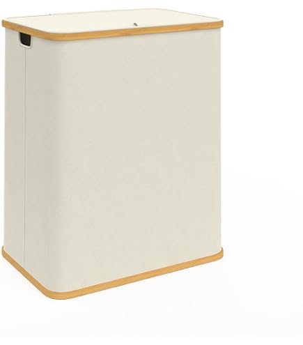 Panier à Linge 2 Compartiments Avec Couvercle Et Poignées Bambou - 110L, Blanc, Pliable, Pour Salle De Bain Ou Buanderie