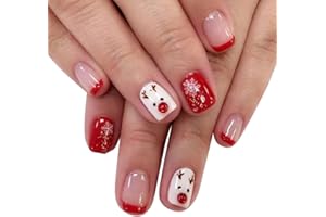 Vatocu Noël Carré Faux Ongles Court Rouge Blanc coller de faux ongles Flocons de neige Elk Appuyer sur les ongles Points Acrylique ongles collés pour Femmes et Filles (24pcs） (F)