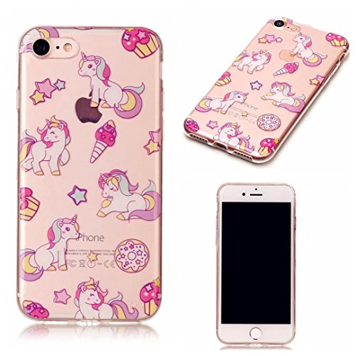 iphone 7 (4.7 Zoll) Hülle,JIEJIEWYD TPU Transparent Case Crystal Clear Back Case Cover Bumper Slim Case Cute Cartoon Picture Series Soft Silicone Case Anti Shock für - Unicorn Rosa