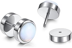 PiercingJak 10MM Ohrstecker Ohrringe mit Natürlich Steine Barbell Stud Fake Cheater Illusion Tunnel Plug Ohrpiercing Opal Amethyst Punk Schmuck Unisex, Silber Edelstahl