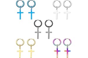Epoch World 5 Pairs 13MM Stainless Steel Huggie Hinged Cross Earrings for Men Women Boys, Small Hoop Earrings Men Set, Black Earrings for Men, Titanium Men Earrings Hoops Silver Gold Dangle Piercing