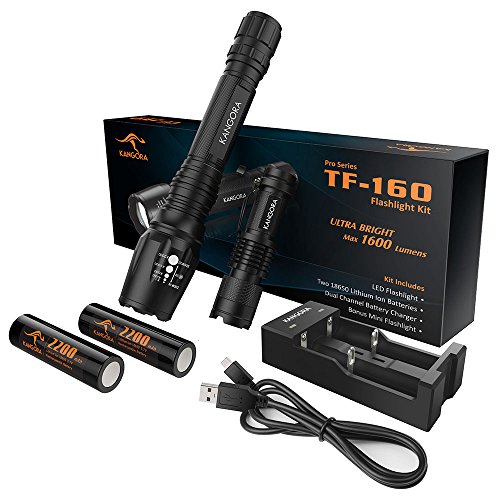 KANGORA LED Taschenlampen-Set TF-160 mit 18650 Akku + Ladegerät + Geschenk-Mini-Taschenlampe Superhell + Wasserdicht + Gürtelclip für Camping Wandern und Outdoor incl. Geschenkbox