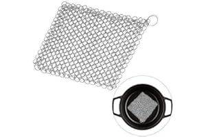 MEEQIAO Scrubber per Cotta di Maglia in Acciaio Inossidabile, Pulitore per Cotta di Ghisa 8 x 8 Pollici con Anello Appendere, Non arrugginisce, Antigraffio,Padelle, Piastre, Pentole o Wok (10 * 10cm)