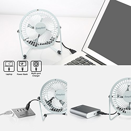 EasyAcc 4 Zoll Mini USB Ventilator desktop Lüfter Neigbar Für Den Schreibtisch Klein, Kompakt Und Kraftvoll, Mit An/Ausschalter –Weiß - 4