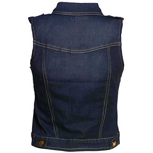 No-Fuze-Womens-Dark-Blue-Epaulet-Button-Tab-Chest-Pockets-Denim-Vest-S-XL