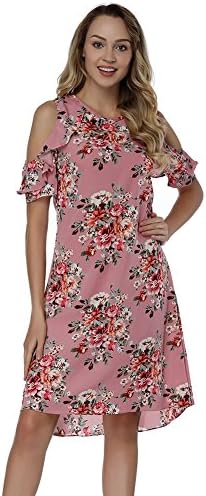 HUHHRRY Women's Summer Ruffled Cold Shoulder Short Sleeve Floral Print Casual Dress