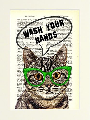 Dictionary Art Print Bathroom Sign Cat with Glasses Wash Your Hands printed on a Vintage Book Page. Mounted ready to fit an A4 Frame
