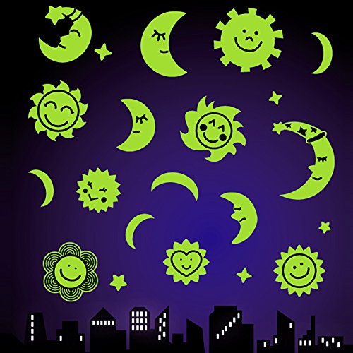 Leuchtsticker für Sternenhimmel Wandsticker, Fluoreszierend, im Dunkeln leuchtend / Sonne Mond uns Sterne