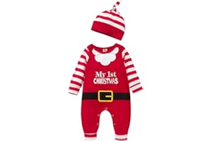 Siyova Completo Natalizio Neonato 2 Pezzi Tuta a Maniche Lunghe+Cappello Pagliaccetto Bambino di Natale Tutina Rosso Body Bimbo Baby My First Christmas Outfits
