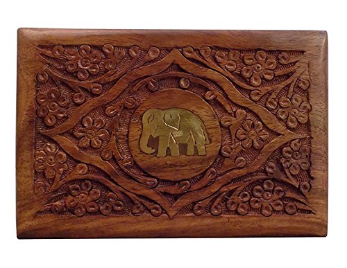 PMK Vatertags Geschenk hölzerne Schmuckkästchen Rechteck Form, Zentrum Elefant Inlay & Carving 7X5in Weinlese-Box. - 4