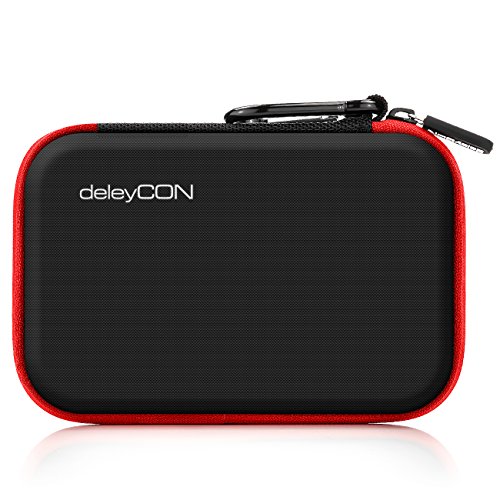 deleyCON Festplattentasche / Festplatten Case / HDD Case – für 2.5 Zoll Festplatten und SSD – Robust & Stoßsicher – 2 Innenfächer / Netztaschen – Schwarz/Rot - 3