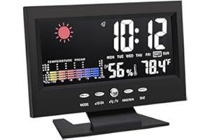 Besttoolifes Digital Weather Station Thermometer Hygrometer Clock With Temperature Humidity Display, Voice-Controlled Backlight, Alarm, Weather Indication, Table Stand And Wall Mount(black)