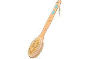 FREATECH Back Scrubber Bath Shower Brush with Soft & Stiff Natural Bristles, Long Handle Bath Brush Body Exfoliator for Wet/Dry Brushing, Remove Dead Skin, Acne and Blackheads