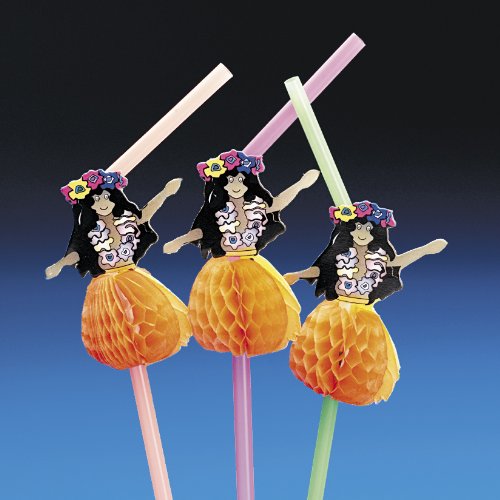 Hula Hawaii Girl Strohhalme mit Papierwaben Rock 12 Stück Palandi®