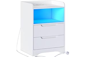 Brinlawb Table de Chevet Blanche avec lumières LED et Multiprise (2 Prises CA, 2 Ports USB) Table de Nuit Blanche avec 1 Compartiment Ouvert et 2 Tiroirs pour Salon, Chambre, Bureau, Moderne, Blanc