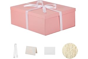KdmNzoo Geschenkbox mit Deckel 42 x 32 x 15.5 cm groß xxl, Geschenkbox mit Schleifen, Grußkarten, Raffia Hamper Shreds für rosa