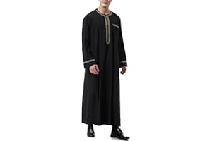 BeerMmay Herren Muslim Druck Kaftan Islamisch Royalty Dubai Robe O-Ausschnitt Lange Ärmel Retro Tuniken Abaya Lose Kandoura