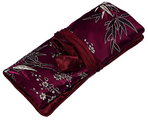 Purple Wine Red Embroidered Floral Silk Make Up Bag/ Wrap /Jewellery Roll