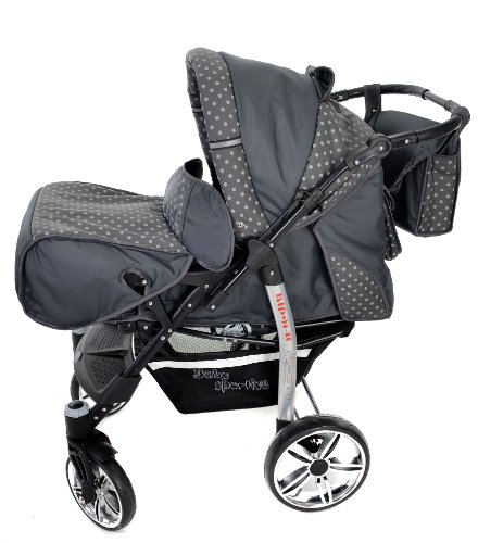 Baby Sportive X2, 3 in 1 Kombikinderwagen set – incl. Kinderwagen mit Zubehör, Babyschale und Sportwagen Aufsatz. System mit Schwenkräder. Reisesystem Farbe: Grau und Punktmuster - 3