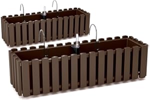 Tymar Jardinera con soportes de estilo rústico, jardinera de balcón con aspecto de lamas, paquete de 2 unidades, jardín, balcón, terraza (marrón, 60 cm)