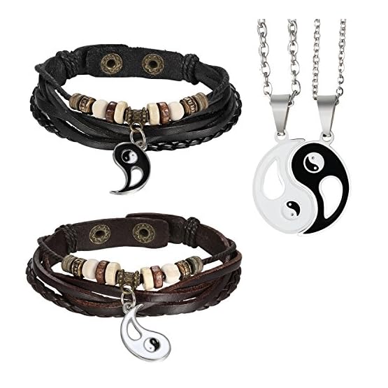 Aroncent 2PCS Pulsera de Cuero Trenzado Brazaletes Enamorados y 2PCS Collares con Colgantes de Yin Yang Tai Chi para…