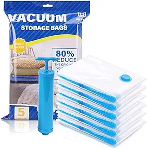SOFLIN Reusable Ziplock Vacuum Storage Space Saver Bags for Clothes with Travel Hand Pump - Pack of 5 (2S (50cmx70cm), 2M (60cmx80cm), 1L(80cmx100cm))